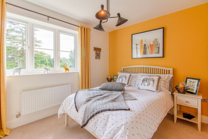 textile decoration of the bedroom in yellow tones