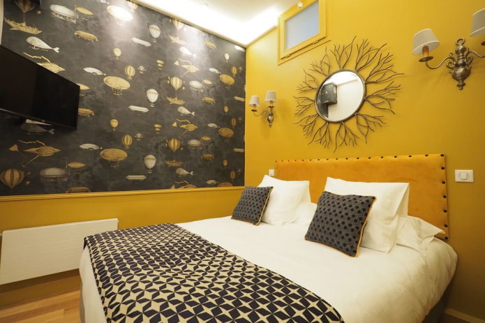 decor and lighting in the bedroom interior in yellow tones