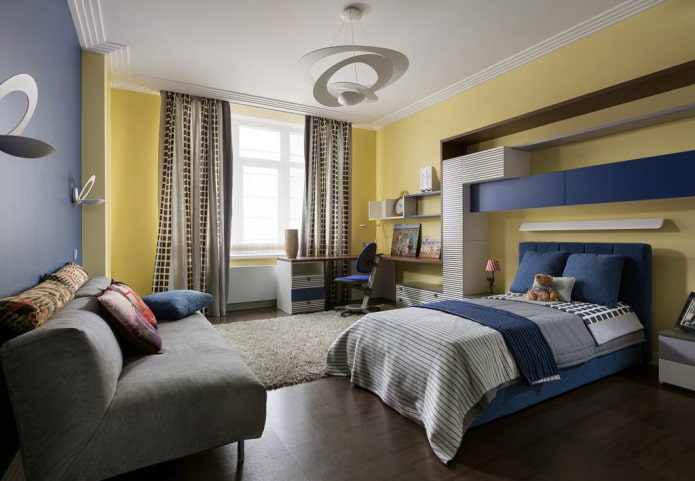 interior of a bedroom for a boy in yellow tones