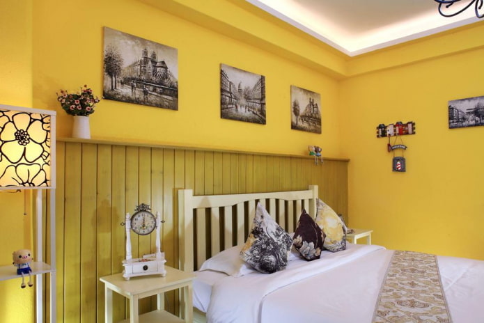 decor and lighting in the bedroom interior in yellow tones