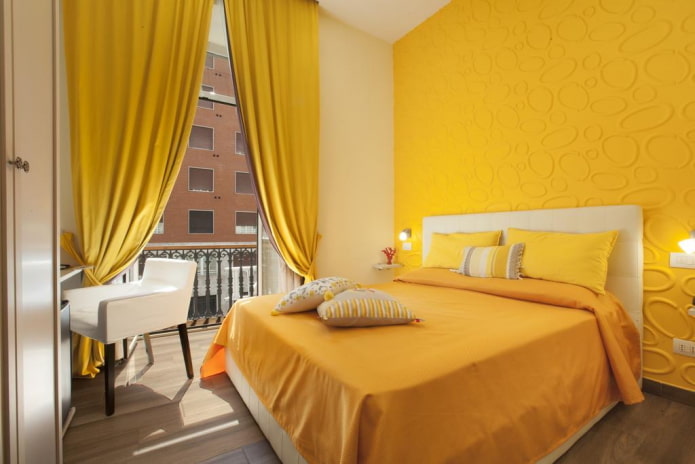 textile decoration of the bedroom in yellow tones