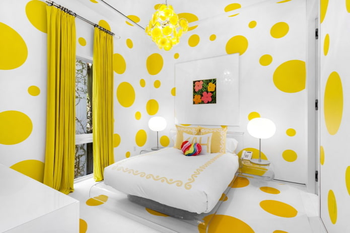 decor and lighting in the bedroom interior in yellow tones
