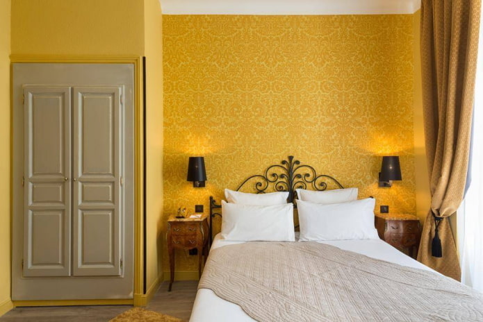furniture in the bedroom interior in yellow tones