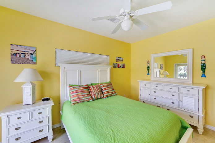 furniture in the bedroom interior in yellow tones