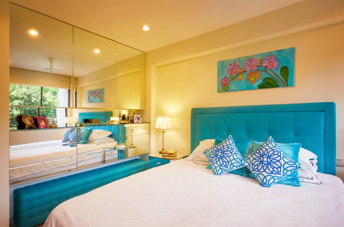 furniture in the bedroom interior in yellow tones