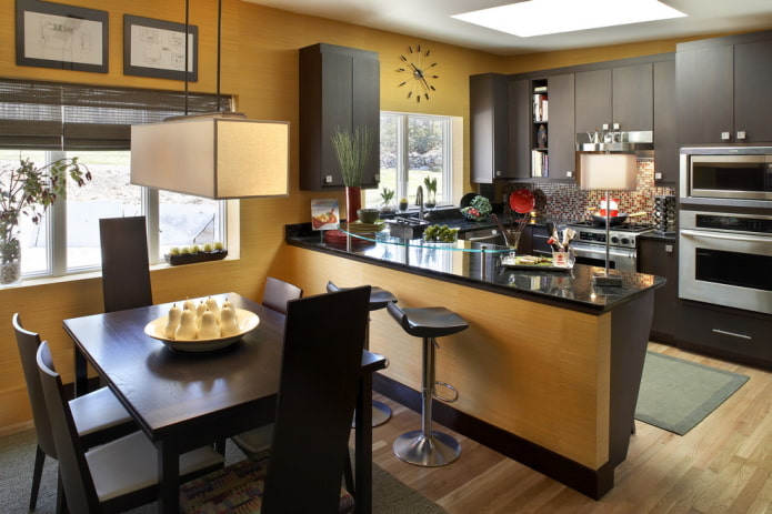 monochrome yellow wallpaper in the kitchen