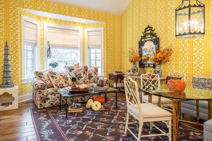 living room with bright yellow wall decoration
