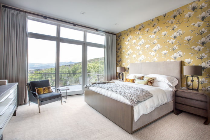 gray curtains yellow wallpaper
