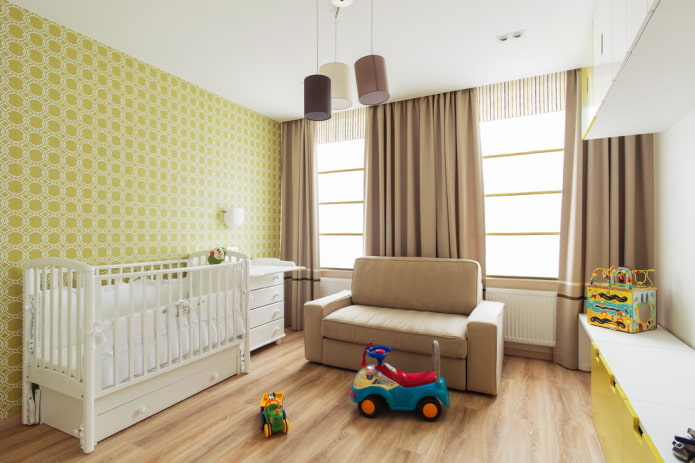 brown curtains yellow walls