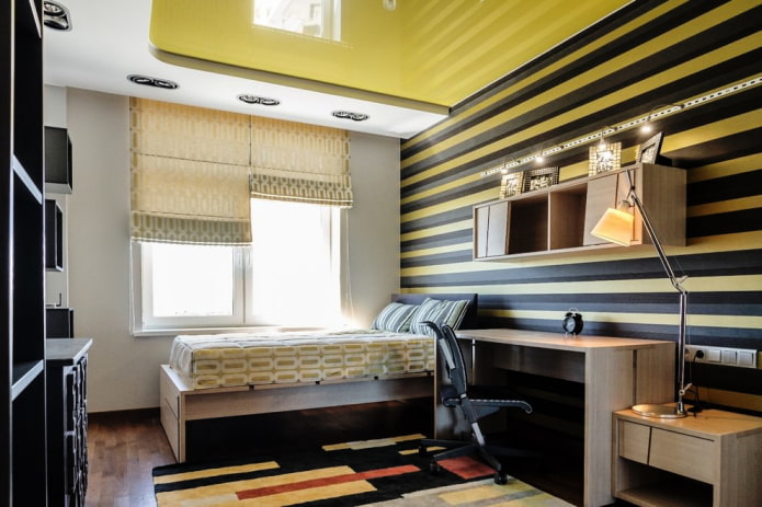 Yellow and black wallpaper in a teenager's room