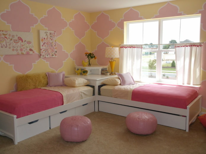 Yellow and pink wallpaper in the nursery