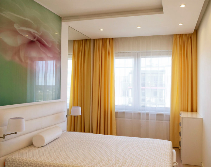 bedroom with yellow curtains