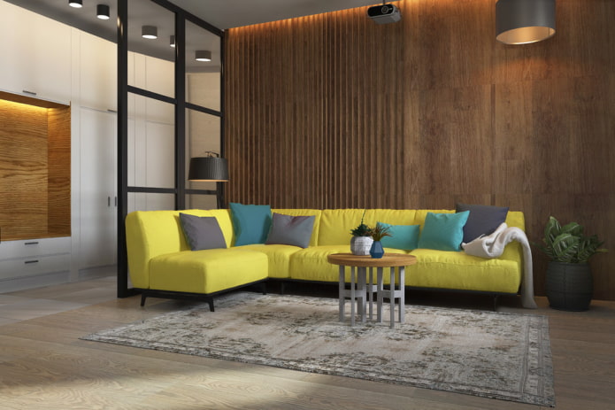yellow corner sofa in the interior