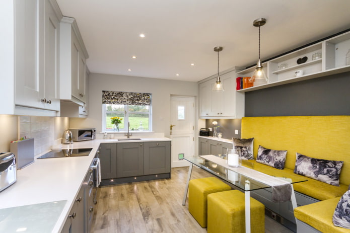 yellow sofa in the kitchen