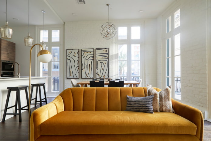 mustard-colored sofa in the interior