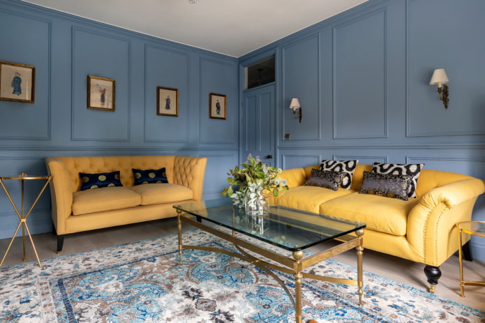 yellow sofa with leather upholstery in the interior