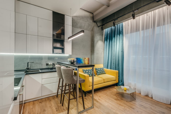 yellow sofa in the kitchen