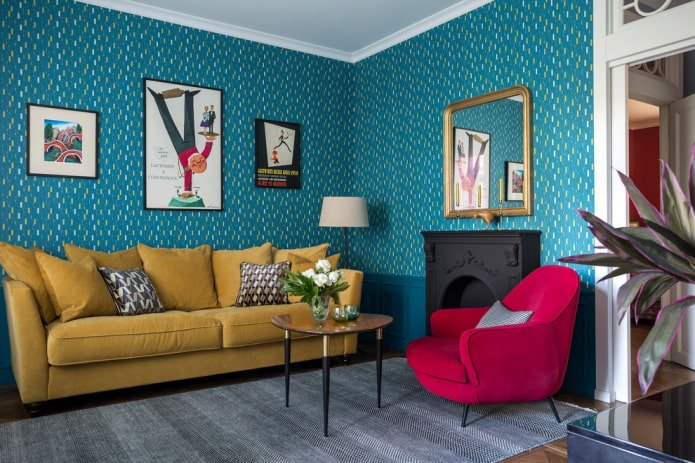 a combination of a yellow sofa with a carpet