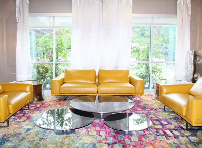 yellow sofa with leather upholstery in the interior