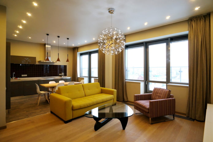 a combination of a yellow sofa with curtains