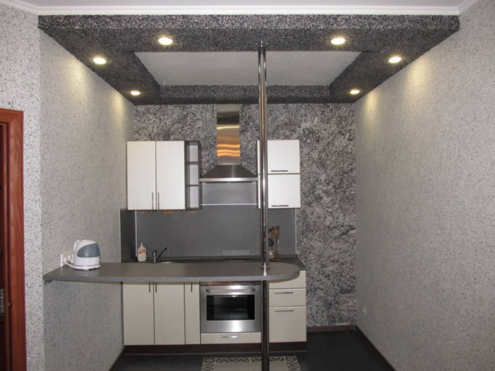 gray ceiling with liquid wallpaper in the kitchen