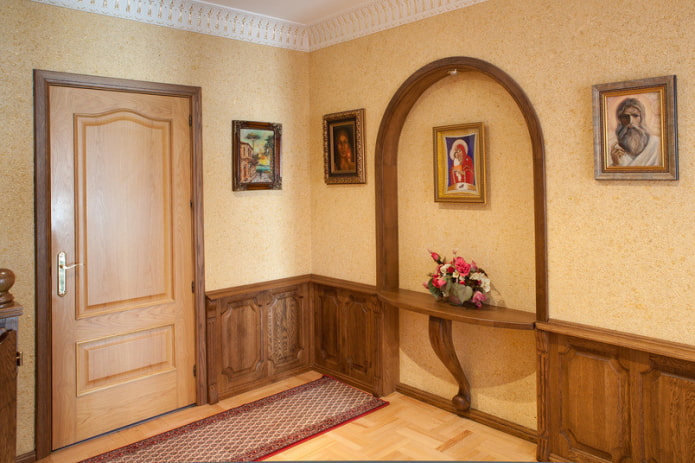 wallpaper and wooden wall decoration in the hallway