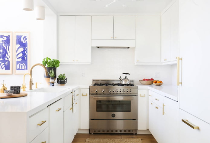 white kitchen with golden handles