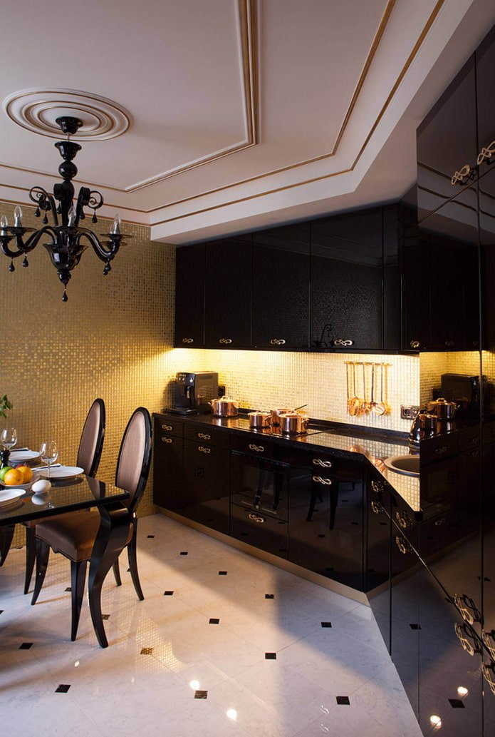 golden walls in a kitchen made of mosaic