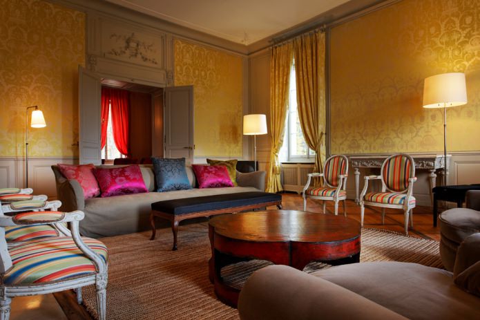 living room design with textile wallpaper