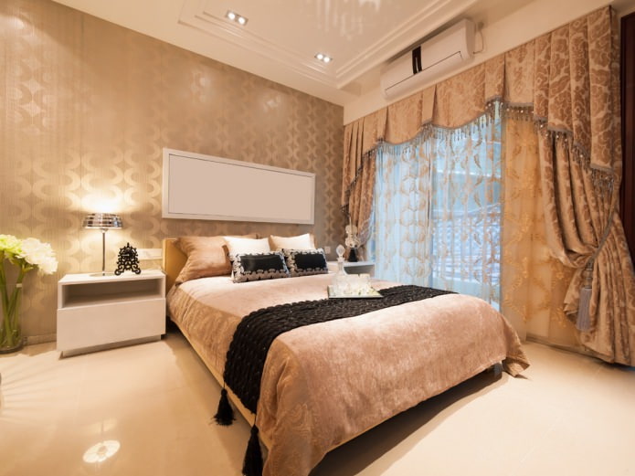 curtains in a room with gold wallpaper