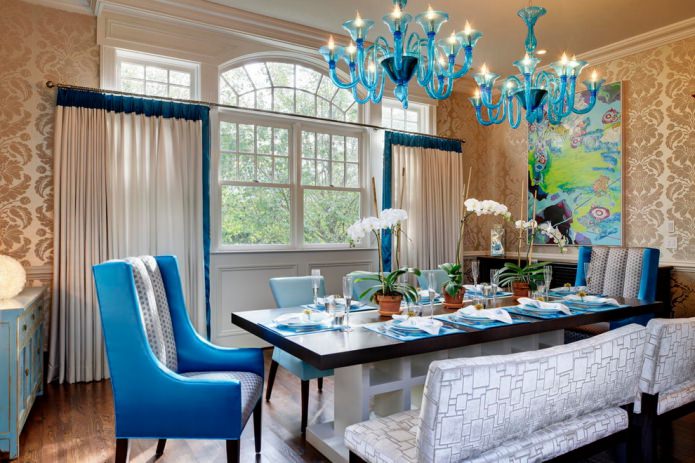 curtains in a dining room with gold walls