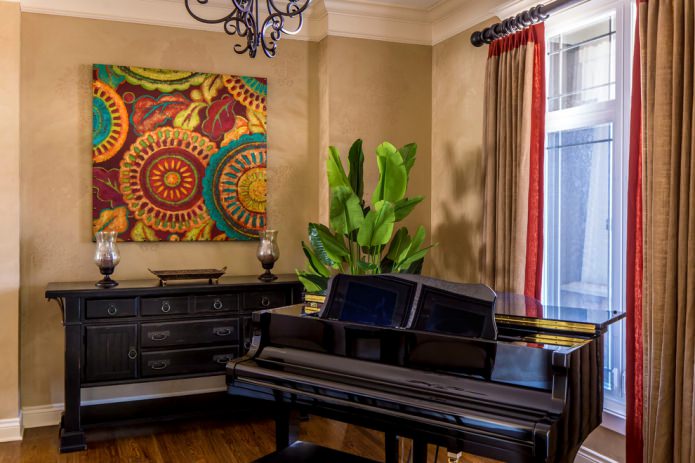 curtains in a room with gold wallpaper