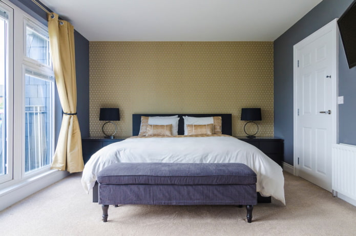 gold curtains with eyelets in the bedroom