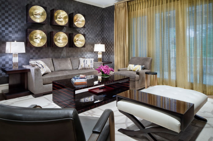 gray wallpaper and gold curtains