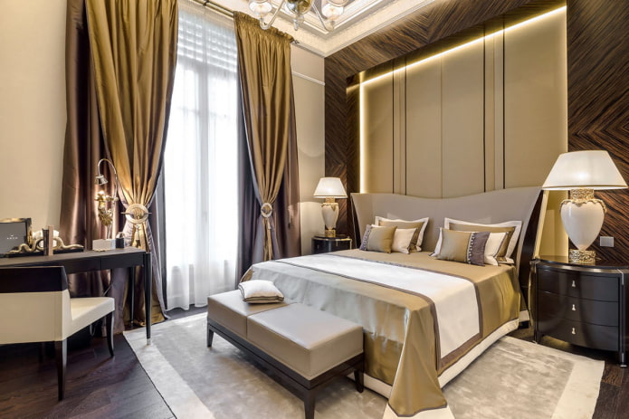 brown and gold curtains in the bedroom