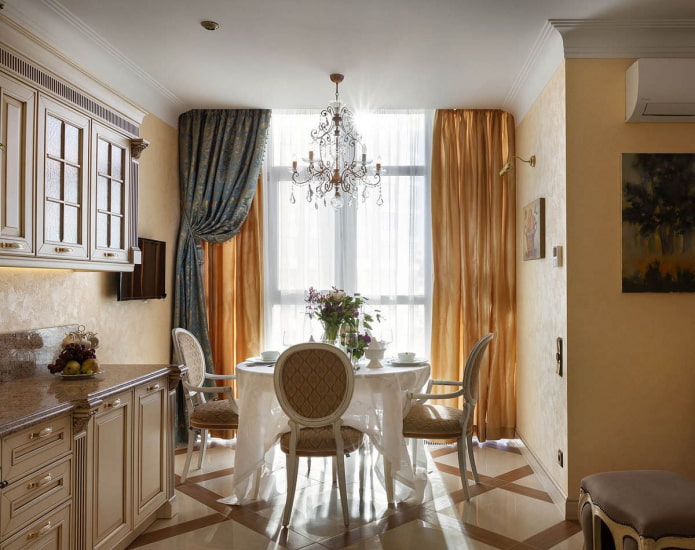 blue and gold curtains in the kitchen