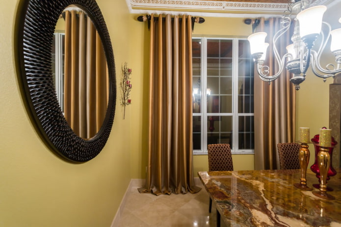 golden curtains in the kitchen