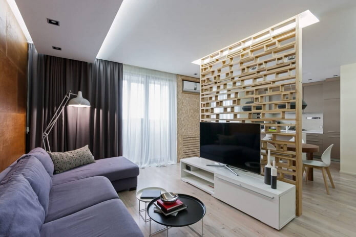 zoning with a partition in the interior of the kitchen-living room
