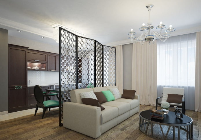 zoning with a screen in the interior of the kitchen-living room