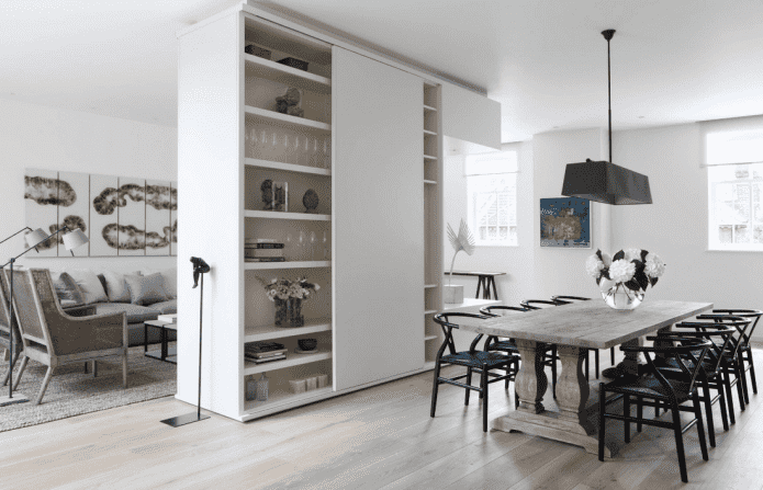 zoning with a cabinet in the interior of the kitchen-living room