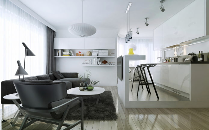 zoning with multi-level structures in the interior of the kitchen-living room