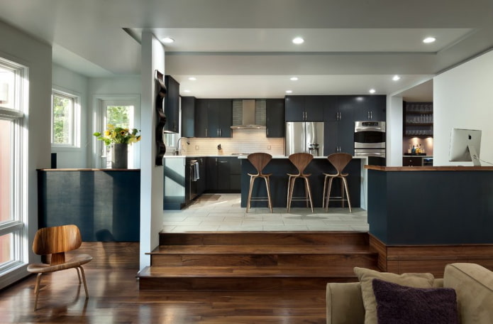 zoning multi-level structures in the interior of the kitchen-living room