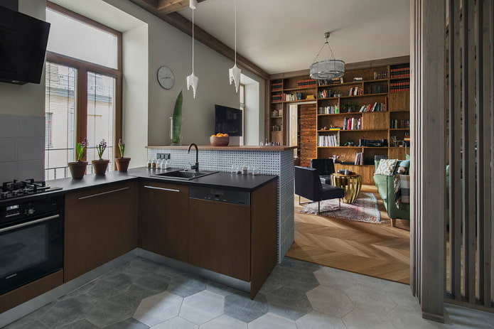 zoning with finishing materials in the interior of the kitchen-living room