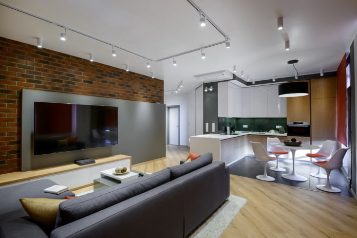 zoning with finishing materials in the interior of the kitchen-living room
