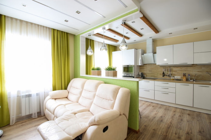 zoning with a partition in the interior of the kitchen-living room
