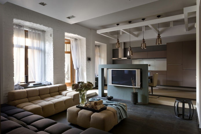 original zoning option in the interior of the kitchen-living room