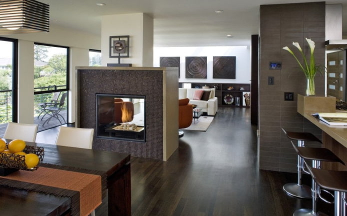 original zoning option in the kitchen-living room interior