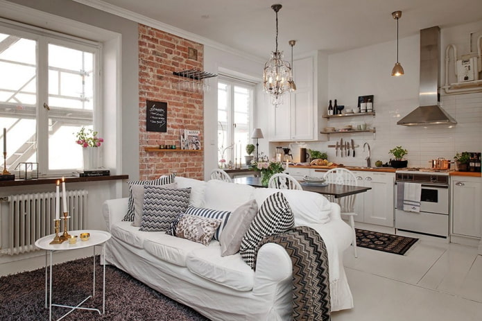 zoning with a sofa in the interior of the kitchen-living room